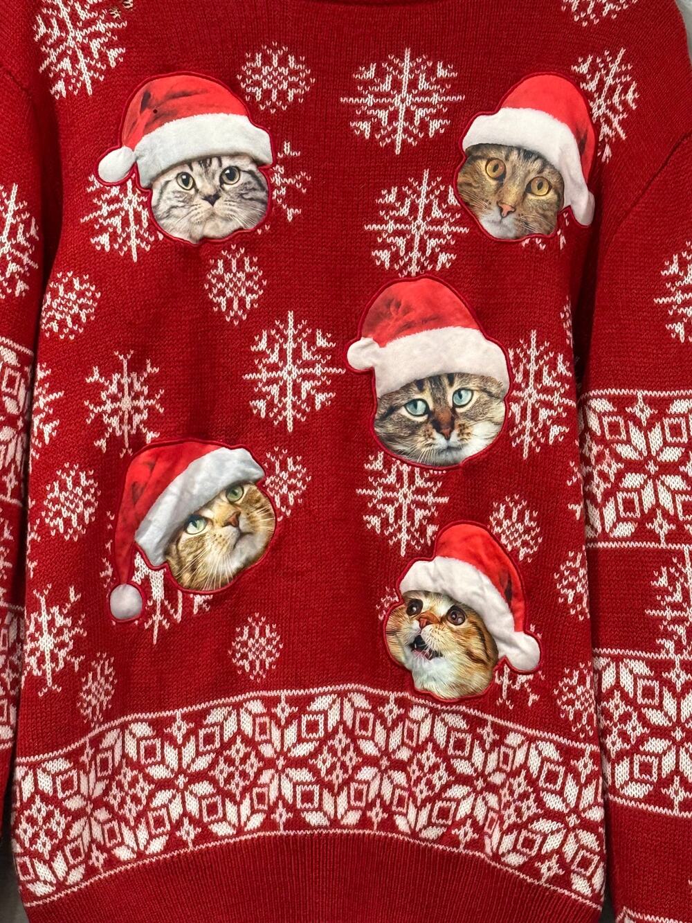 Cat Christmas Sweater Red Snowflake Santa Holiday Ugly Party Sweater Fun Size XL